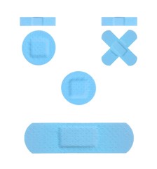 Funny Boy Face with various light blue Strips of FIRST AID PLASTER - Medical Equipment