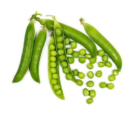 fresh green peas isolated on white background, clipping path, top view