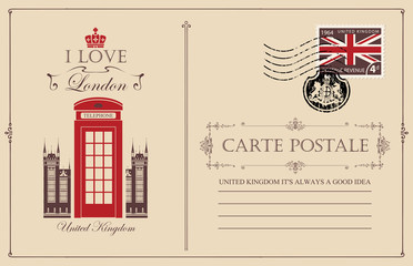 Fototapeta premium Retro pocztówka ze słynną londyńską budką telefoniczną. Wektor pocztówka w stylu vintage z miejscem na tekst, znaczek pocztowy z flagą Wielkiej Brytanii i pieczątka w formie herbu królewskiego