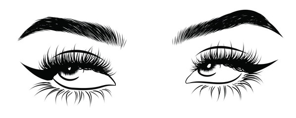 Illustration of woman's sexy expressive interesting catchy eye with perfectly shaped eyebrows and full lashes.Hand-drawn Idea for business visit card, typography vector.Perfect salon look.Hollow style