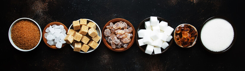 Different kinds of sugar in the assortment, top view