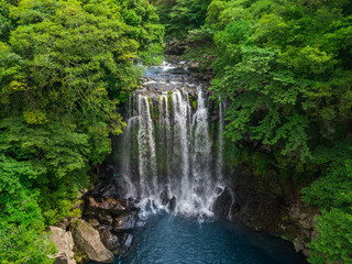 Aerial View of Cheonjeyeon Waterfall on Jeju Island, South Korea