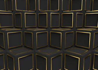 3d rendering. modern luxury golden frame on dark cube boxes stack wall background.