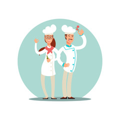 Smiling restaurant chefs, professional cooks in kitchen uniform flat characters