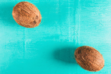 Two coconuts with shell on a blue colored background