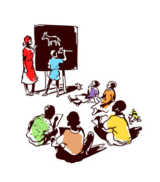 children learn to draw on a white background and school board
