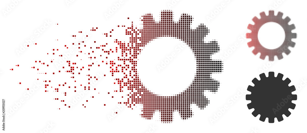 Poster vector gear icon in fractured, dotted halftone and undamaged whole versions. disappearing effect use