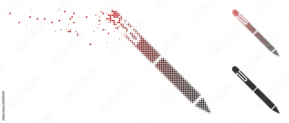 Poster vector pen icon in dissolved, pixelated halftone and undamaged whole versions. disappearing effect i