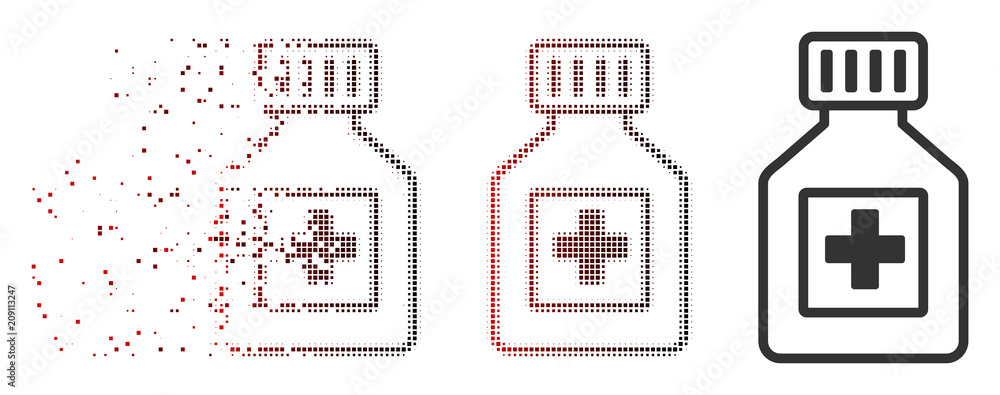 Poster vector pharmacy vial icon in dispersed, dotted halftone and undamaged solid versions. disintegration