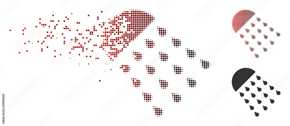 Poster vector spray stream icon in fractured, pixelated halftone and undamaged whole versions. disappearing