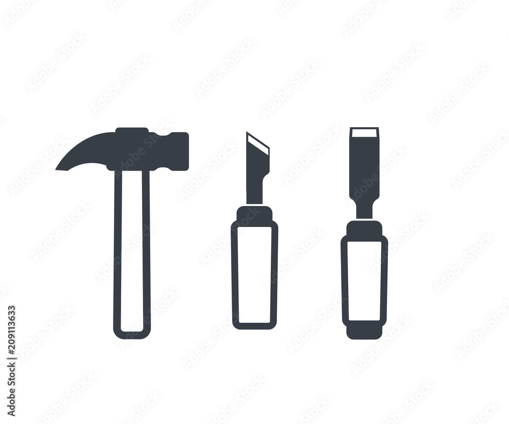 Sticker hammer, cutter and chisel vector icons