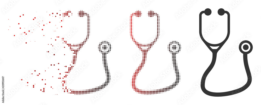 Poster vector stethoscope icon in dispersed, dotted halftone and undamaged solid variants. disappearing eff