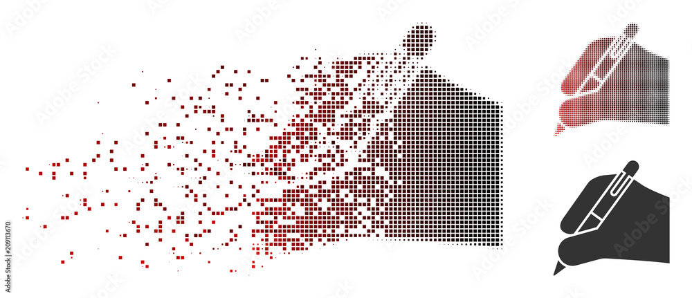 Poster vector subscribe hand icon in fractured, pixelated halftone and undamaged entire versions. disappear