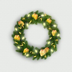 Fototapeta na wymiar Christmas wreath of realistic Christmas tree, branches, lightbulb, gifts