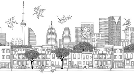 Toronto, Canada - Seamless banner of the city’s skyline, hand drawn black and white illustration