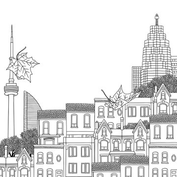 Hand drawn black and white illustration of Toronto, Canada, with empty space for text