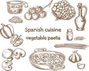 Spanish cuisine. Vegetable paella ingredients vector sketch.