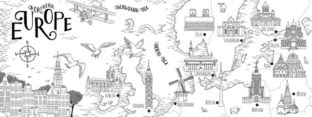 Fototapeta premium Ręcznie rysowane mapa Europy Północnej z wybranymi stolicami i zabytkami, vintage baner internetowy