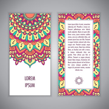 Greeting card or Invitation template with ethnic mandala ornament. Hand drawn vector illustration