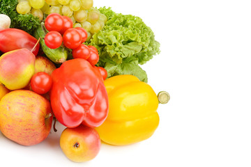 Fruits and vegetables isolated on white background. Free space for text.