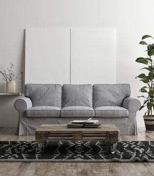 Mock up posters with gray sofa, Scandinavian mock up interior,  3d render, 3d interior