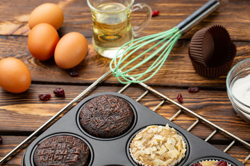 The process of making muffins in bright silicone forms. Cooking process. Preparation stage