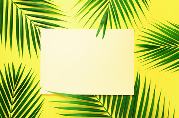 Fototapeta na wymiar Tropical palm leaves on pastel yellow background with paper card note. Minimal summer concept. Creative layout. Top view, flat lay. Green leaf on punchy pastel paper