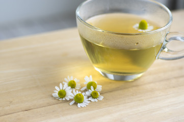 Matricaria chamomilla flowers and trasparent cup of tea on wooden table, fresh flowering herbal medicine