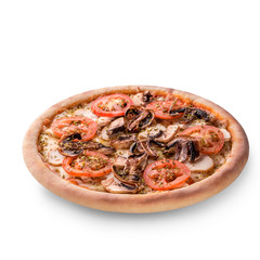 Meat chicken and mushrooms pizza isolated on white background.