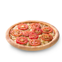 Pizza with cheese and tomato isolated on white background. Pizza margarita top view.