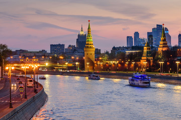 Sunset view of Moscow Kremlin and Moscow river. Architecture and landmarks of Moscow, Russia