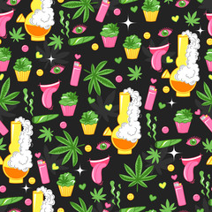 Bright pattern with cannabis, marijuana, cupcakes, smoke, lighter, smile. Funny background with crazy element.