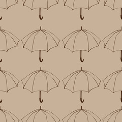 Seamless pattern with doodle umbrellas. For fabric, textile, wallpaper, wrapping paper. Vector Illustration. Autumn hand drawn sketch. Beige background.