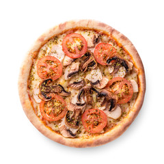 Meat chicken and mushrooms pizza isolated on white background.