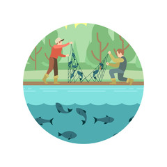 Fishing men with fish and equipment vector emblem