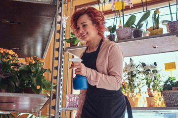 Obraz na płótnie Canvas Beautiful redhead female florist wearing uniform working in a flower shop.