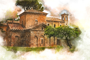 Watercolor of the Mausoleum of Galla Placidia in Ravenna, Italy