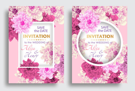 Set wedding invitation template with beautiful flowers greeting card. Vector