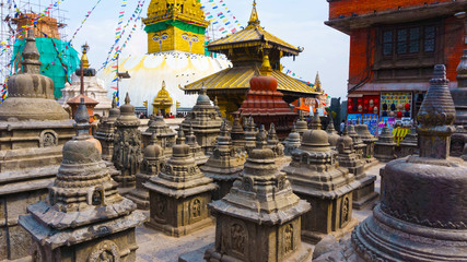 Swayambhu Stupa in Kathmandu, Nepal. Monkey Temple and prayer flags lunghta.