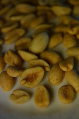 On white glass plate are peanut nuts with salt fried in yellow earth-nut, groundnut, goober, monkeynut