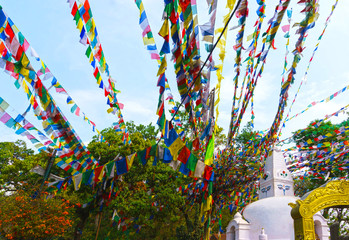 Swayambhu Stupa in Kathmandu, Nepal. Monkey Temple and prayer flags lunghta.