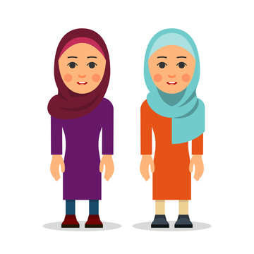 Muslim woman or Arab woman. Cartoon character stand in the traditional clothing. Isolated characters of representatives of Islam on a white background in a flat style