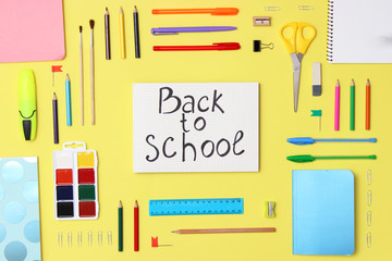 set of school stationery on a colored background. Concept: back to school.  top view. flatlay 