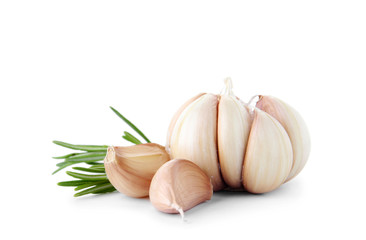 Fresh garlic and rosemary on white background
