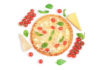 Composition with delicious pizza and ingredients on white background