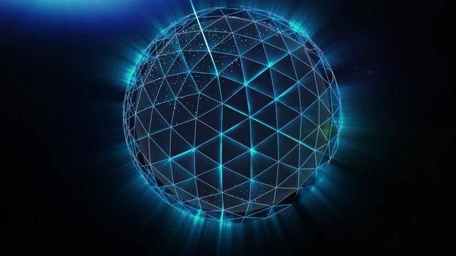 Blue Polygonal Sphere Spinning. Stock. Abstract neon ball made from lines.