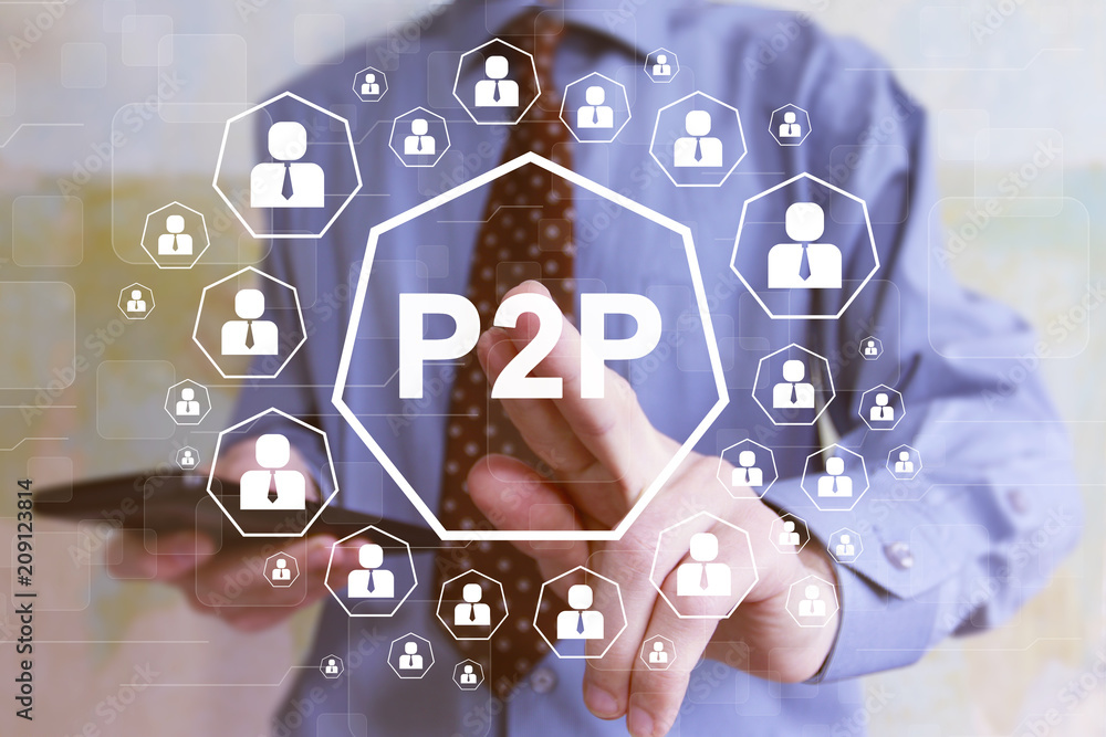 Poster businessman presses button p2p peer-to-peer on virtual screen web
