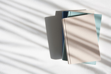 Stack of books on a white table next to a window with dappled light