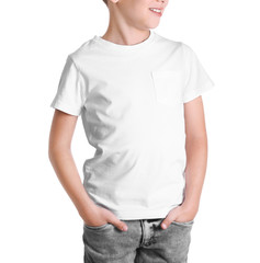 Obraz premium Little boy in t-shirt on white background. Mock-up for design