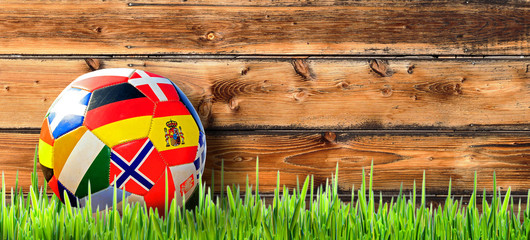 Fußball im Gaten mit Holzhintergrund